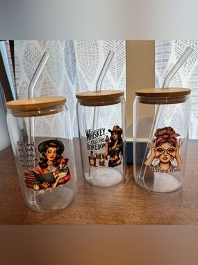 Glass Drinking Tumbler with Bamboo Lid and Glass Straw 🧁 You Choose!